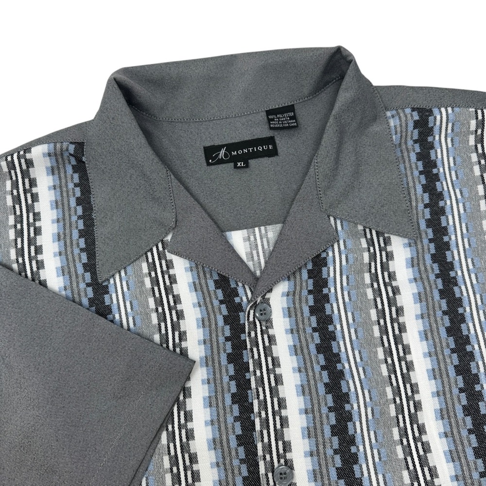 MONTIQUE Mens Gray White Blue Striped Button Up Short Sleeve Leisure Shirt XL